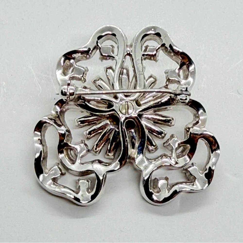 Pennino‎ Silver Crystal Rhinestone Sun Flower & Ribbon Brooch Pin Vintage Signed